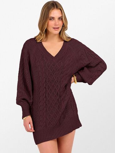 ANRABESS Womens Long Sleeve V Neck Oversized Cable Knit Mini Sweater Dresses 2025 Fall Trendy Baggy Pullover Tunic Outfits in Kuwait