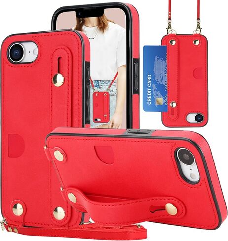 لـ iPhone 16E (2025) Crossbody Case مع حامل فتحة البطاقة ، حبل حزام الكتف قابل للتعديل قابل للإزالة مع غطاء Kickstand مع Wristband for iPhone 16e ، WD Black in Kuwait