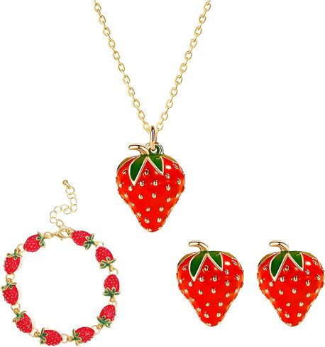 WCRAZYE Strawberry Jewelry Set for Women Cute Sweet Charm Fruit Red Strawberry Necklace Earrings Bracelet Fruit Accessories in Saudi Arabia