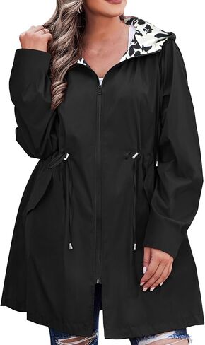 سترة المطر النسائية من AOVDE مقاس كبير معطف واق من المطر ذو وجهين خفيف الوزن وسترات مقاومة للماء مع غطاء للرأس للنساء in Kuwait