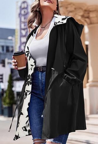 سترة المطر النسائية من AOVDE مقاس كبير معطف واق من المطر ذو وجهين خفيف الوزن وسترات مقاومة للماء مع غطاء للرأس للنساء in Kuwait