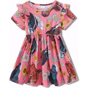 Toddler Girls Cute Print Summer Dresses Little Girl Ruffle Sleeve Twirly Swing Kids Dress with Pockets in Kuwait