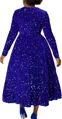 SOMTHRON Women's Sequin Dress Plus Size Long Sleeve A-Line Flared Party Cocktail Sparkle Glitter Evening Shiny Maxi Dress in Saudi Arabia