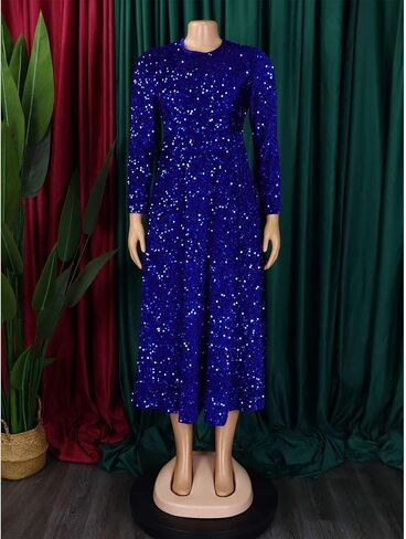 SOMTHRON Women's Sequin Dress Plus Size Long Sleeve A-Line Flared Party Cocktail Sparkle Glitter Evening Shiny Maxi Dress in Saudi Arabia