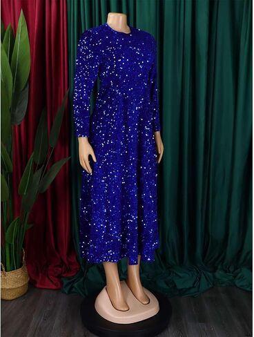 SOMTHRON Women's Sequin Dress Plus Size Long Sleeve A-Line Flared Party Cocktail Sparkle Glitter Evening Shiny Maxi Dress in Saudi Arabia