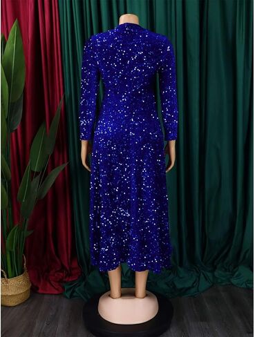 SOMTHRON Women's Sequin Dress Plus Size Long Sleeve A-Line Flared Party Cocktail Sparkle Glitter Evening Shiny Maxi Dress in Saudi Arabia