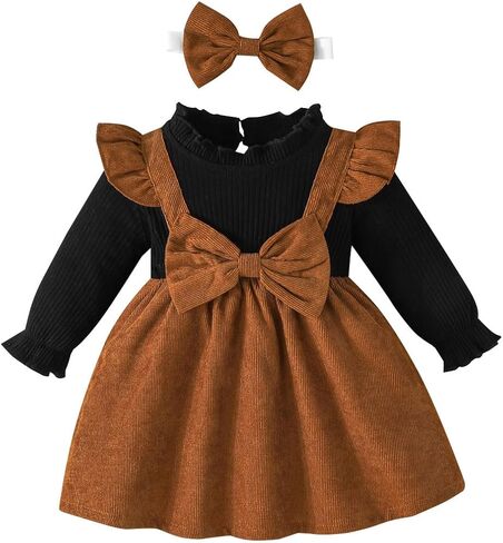 Noubeau Christmas Toddler Girl Plaid Dress Long Sleeve Bow Patchwork Rib Ruffled Shirts Dress Baby Xmas Outfit in Kuwait