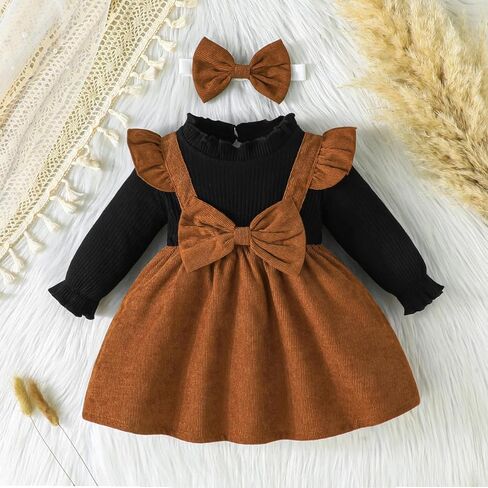 Noubeau Christmas Toddler Girl Plaid Dress Long Sleeve Bow Patchwork Rib Ruffled Shirts Dress Baby Xmas Outfit in Kuwait