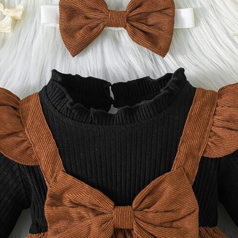 Noubeau Christmas Toddler Girl Plaid Dress Long Sleeve Bow Patchwork Rib Ruffled Shirts Dress Baby Xmas Outfit in Kuwait