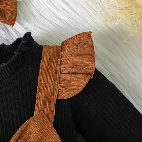 Noubeau Christmas Toddler Girl Plaid Dress Long Sleeve Bow Patchwork Rib Ruffled Shirts Dress Baby Xmas Outfit in Kuwait