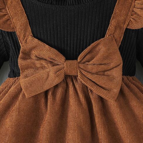 Noubeau Christmas Toddler Girl Plaid Dress Long Sleeve Bow Patchwork Rib Ruffled Shirts Dress Baby Xmas Outfit in Kuwait