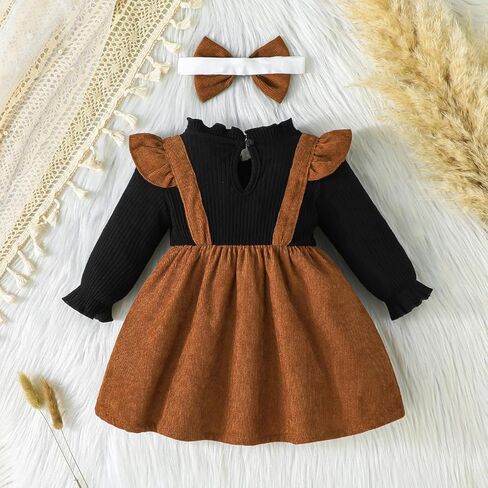 Noubeau Christmas Toddler Girl Plaid Dress Long Sleeve Bow Patchwork Rib Ruffled Shirts Dress Baby Xmas Outfit in Kuwait