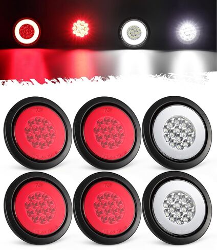 Partsam 6pcs 4 بوصة مستديرة 32 مقطورة أضواء ذيل 4 ريد 2 أبيض مع هالة توهج توقف بدوره تشغيل مصابيح ضوء الجري من الأسلاك الأسلاك 3- in Saudi Arabia
