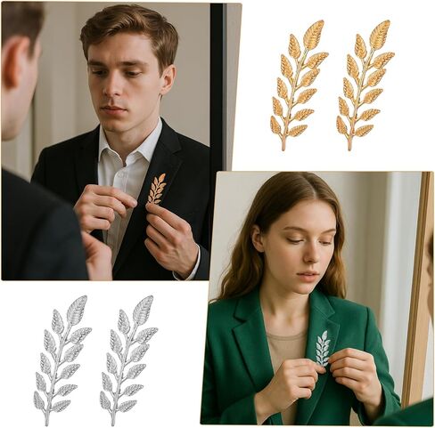 2 Pairs Gentlemen Suit Brooches, Gold Silver Leaf Lapel Pins, Simple Elegant Wheat Design Suit Clips for Gentlemen, Wedding/Tuxedo/Groom Accessories, Unisex Collar Jewelry (2 colors) in Kuwait