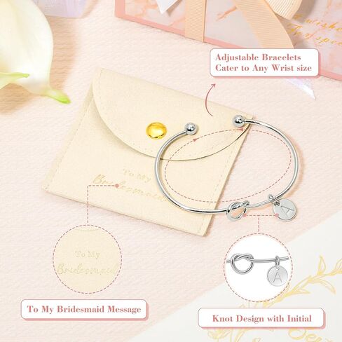 CEELGON Knot Bracelet Bridesmaid Gifts Initial Bracelet & Microfiber Jewelry Bags Pouch Bridesmaid Proposal Gifts for Wedding Day(Beige S) in Kuwait