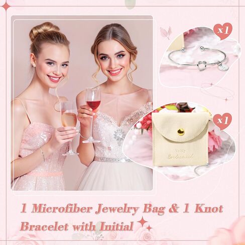 CEELGON Knot Bracelet Bridesmaid Gifts Initial Bracelet & Microfiber Jewelry Bags Pouch Bridesmaid Proposal Gifts for Wedding Day(Beige S) in Kuwait