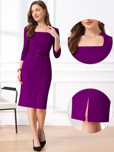 Allegra K Business Pencil Dress for Women's 3/4 Sleeve Office Dresses with Belt in Saudi Arabia