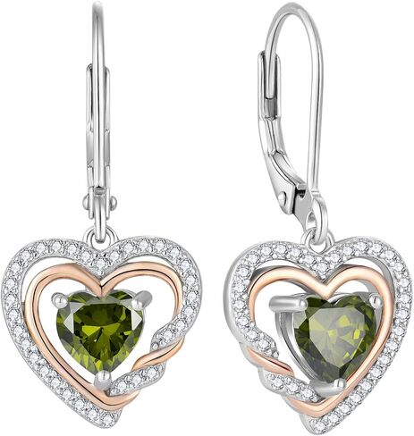 Heart Dangle Earrings 925 Sterling Silver Birthstone Leverback Drop Earrings 5A Cubic Zirconia 2-tone White Gold&Rose Gold Plated in Kuwait