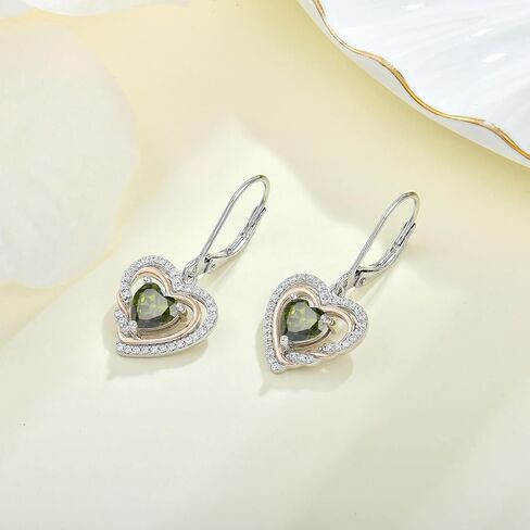 Heart Dangle Earrings 925 Sterling Silver Birthstone Leverback Drop Earrings 5A Cubic Zirconia 2-tone White Gold&Rose Gold Plated in Kuwait