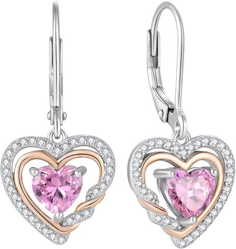 Heart Dangle Earrings 925 Sterling Silver Birthstone Leverback Drop Earrings 5A Cubic Zirconia 2-tone White Gold&Rose Gold Plated in Kuwait