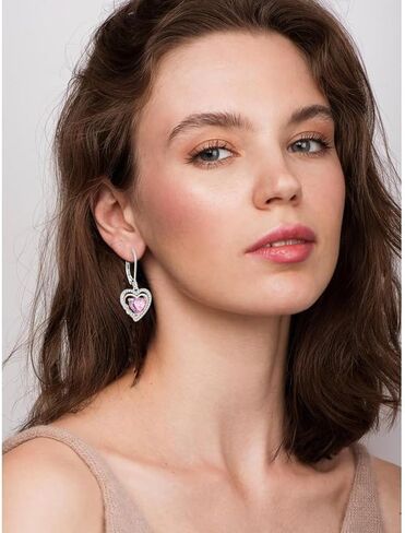 Heart Dangle Earrings 925 Sterling Silver Birthstone Leverback Drop Earrings 5A Cubic Zirconia 2-tone White Gold&Rose Gold Plated in Kuwait