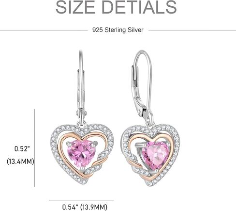 Heart Dangle Earrings 925 Sterling Silver Birthstone Leverback Drop Earrings 5A Cubic Zirconia 2-tone White Gold&Rose Gold Plated in Kuwait