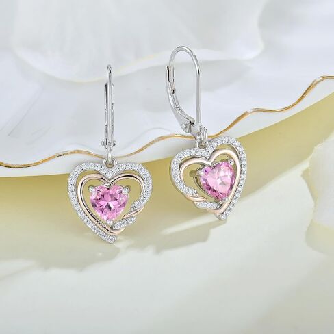 Heart Dangle Earrings 925 Sterling Silver Birthstone Leverback Drop Earrings 5A Cubic Zirconia 2-tone White Gold&Rose Gold Plated in Kuwait