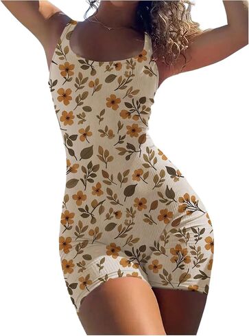Milumia Women's Boho Floral Scoop Neckless Rompers Rompers Comfy Rib Kit Shorts Bemsuit in Saudi Arabia