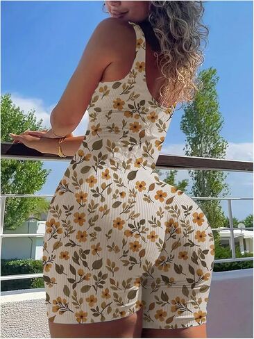 Milumia Women's Boho Floral Scoop Neckless Rompers Rompers Comfy Rib Kit Shorts Bemsuit in Saudi Arabia