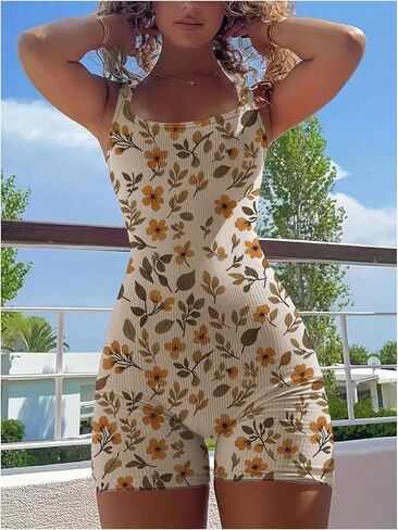 Milumia Women's Boho Floral Scoop Neckless Rompers Rompers Comfy Rib Kit Shorts Bemsuit in Saudi Arabia