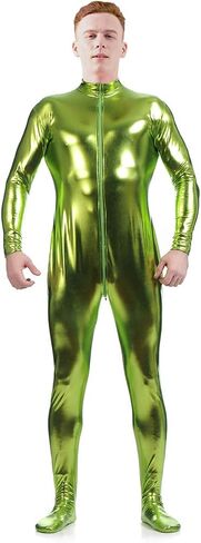 Ensnovo Mens Front Crotch Zipper Shiny Metallic Spandex Unitard Costumes in Saudi Arabia