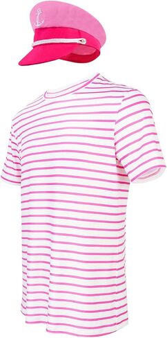 Couples Sailor Outfit Costume Halloween Cosplay Pink and White Striped Shirt with Pink Sailor Hat for Men Women in Saudi Arabia