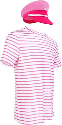 Couples Sailor Outfit Costume Halloween Cosplay Pink and White Striped Shirt with Pink Sailor Hat for Men Women in Saudi Arabia
