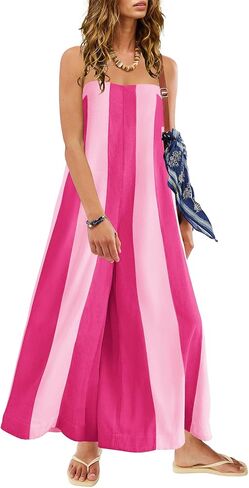 Reachme Womens One One Pheice Summer Sumpsuits Broolless Tube مخططة على عريض الساق سراويل ROMPER مع الجيوب الشاطئية العطلات in Kuwait