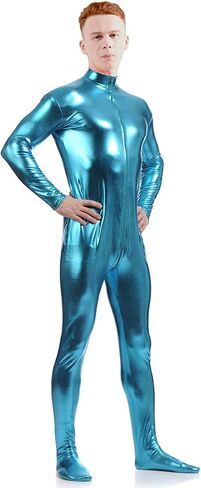 Ensnovo Mens Front Crotch Zipper Shiny Metallic Spandex Unitard Costumes in Saudi Arabia