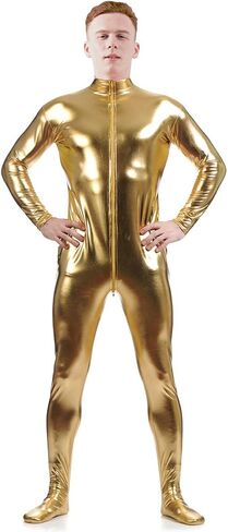 Ensnovo Mens Front Crotch Zipper Shiny Metallic Spandex Unitard Costumes in Saudi Arabia