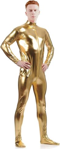 Ensnovo Mens Front Crotch Zipper Shiny Metallic Spandex Unitard Costumes in Saudi Arabia