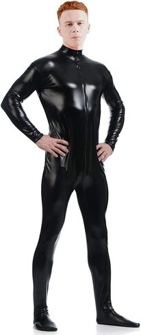 Ensnovo Mens Front Crotch Zipper Shiny Metallic Spandex Unitard Costumes in Saudi Arabia
