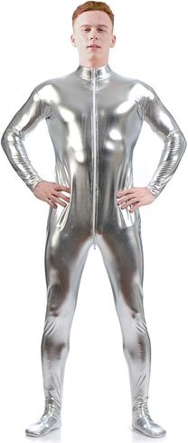 Ensnovo Mens Front Crotch Zipper Shiny Metallic Spandex Unitard Costumes in Saudi Arabia