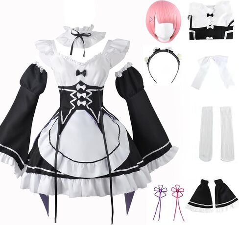 REM RAM RE ZERO COSPLAY COSPLAY COSTUME DUNT OUTFT ، Women Anime Cosplay Lolita Fancy Dress with Wig and Headwear Tets in Kuwait