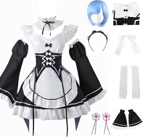 REM RAM RE ZERO COSPLAY COSPLAY COSTUME DUNT OUTFT ، Women Anime Cosplay Lolita Fancy Dress with Wig and Headwear Tets in Kuwait