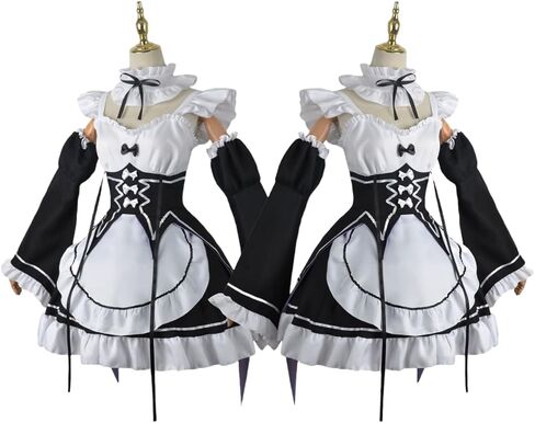 REM RAM RE ZERO COSPLAY COSPLAY COSTUME DUNT OUTFT ، Women Anime Cosplay Lolita Fancy Dress with Wig and Headwear Tets in Kuwait