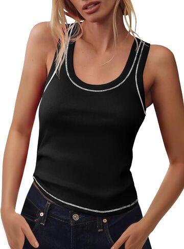 Tankaneo Womens Summer Ribbed Tank Top Casual Ringer Scoop Neck Sleeveless Knit Fitted Tops Going Out Tee Shirts in Saudi Arabia