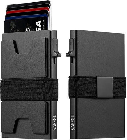 Smart Card Wallet للرجال Slim: محفظة الحد الأدنى للرجال - حظر RFID منبثقة منبثقة الجيب الأمامي ، حامل بطاقة Metal Wallet 11 | حامل بطاقة الألمنيوم المنبثقة مع حزام نقدي (أسود+أسود) in Saudi Arabia