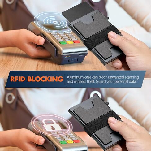 Smart Card Wallet للرجال Slim: محفظة الحد الأدنى للرجال - حظر RFID منبثقة منبثقة الجيب الأمامي ، حامل بطاقة Metal Wallet 11 | حامل بطاقة الألمنيوم المنبثقة مع حزام نقدي (أسود+أسود) in Saudi Arabia