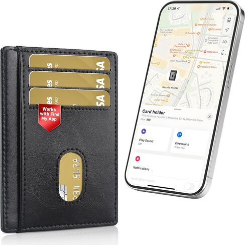 تعمل محفظة Auskang للرجال مع Smart Tracker على Find My App ، حامل بطاقة الائتمان الجلدية Slim Minimalist RFID Work Smart Wallet للرجال (أسود الكربون) in Kuwait