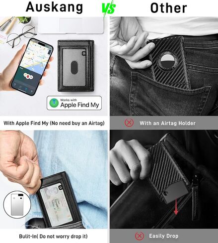 تعمل محفظة Auskang للرجال مع Smart Tracker على Find My App ، حامل بطاقة الائتمان الجلدية Slim Minimalist RFID Work Smart Wallet للرجال (أسود الكربون) in Kuwait