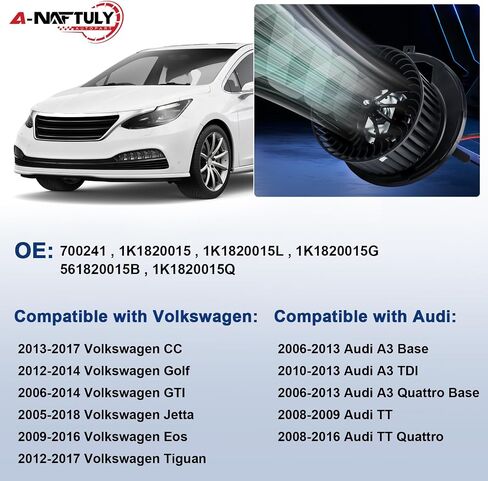 AC Blower Motor Fits for 2006-2013 Audi A3 Base TDI, TT Quattro, Volkswagen VW Jetta, GTI, Eos, CC, Tiguan, Golf - HVAC Heater Blower Motor Fan, Replace 700241, 1K1820015 in Saudi Arabia