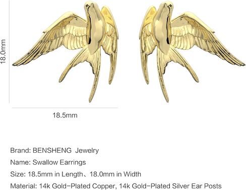 14K Gold Plated Flying Bird Swallow Stud Earrings 丨925 Sterling Silver Post丨Bird Jewelry for Women And Bird Lovers Gifts in Saudi Arabia