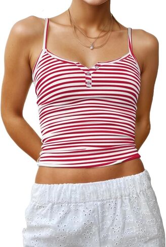 Cioatin Women Cute Sleeveless Striped Print Button Up Crop Cami Y2K Spaghetti Straps Backless Tank Shirt Going Out Tops in Saudi Arabia